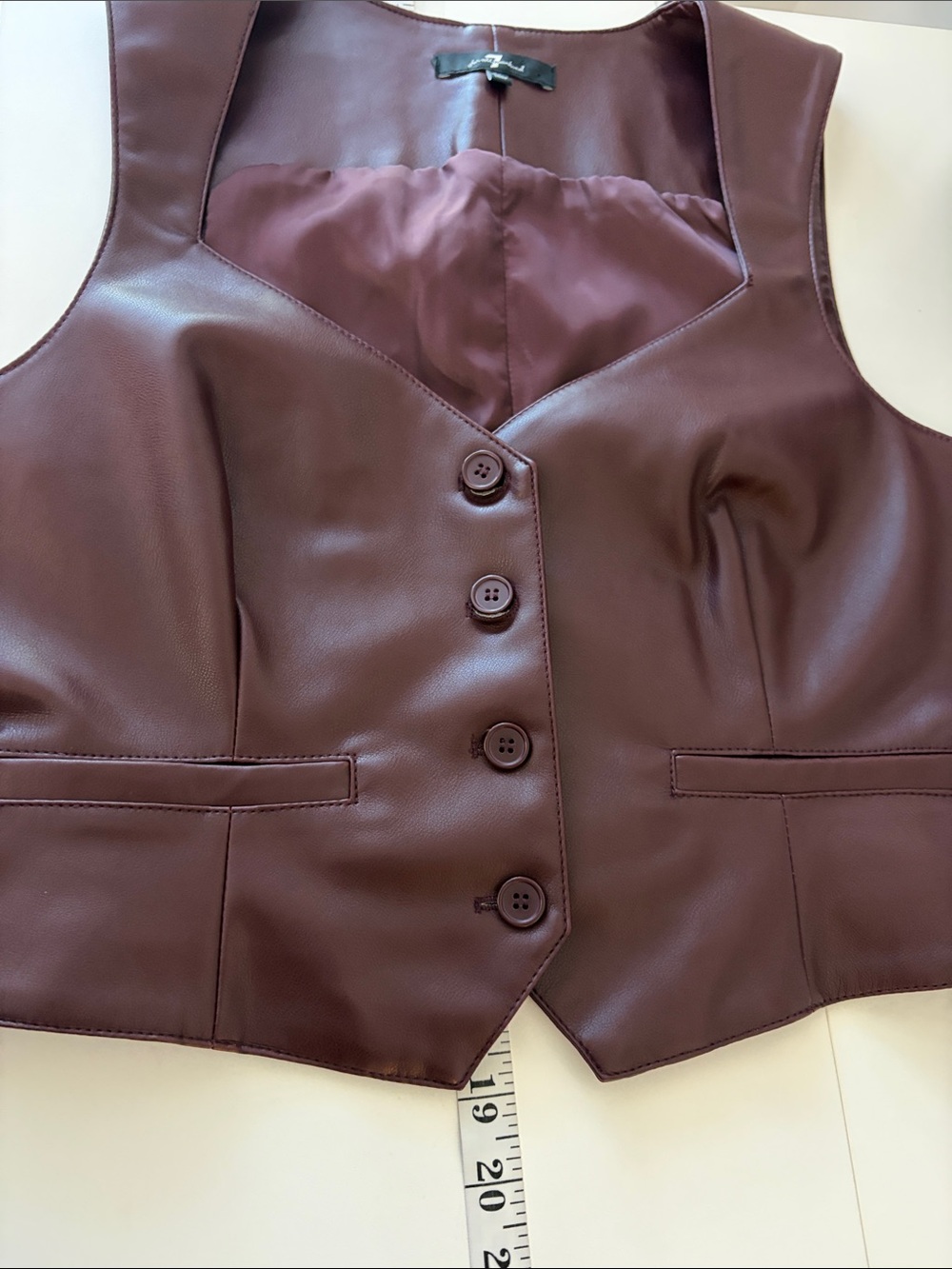 7 for All Mankind Y2K Preppy Faux Leather Burgundy Vest Size M Bandage Neckline - Picture 9 of 13